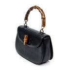 Bolso de Hombro Vintage Bambú Solapa Asa Superior Cuero Liso Negro