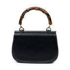 Bolso de Hombro Vintage Bambú Solapa Asa Superior Cuero Liso Negro
