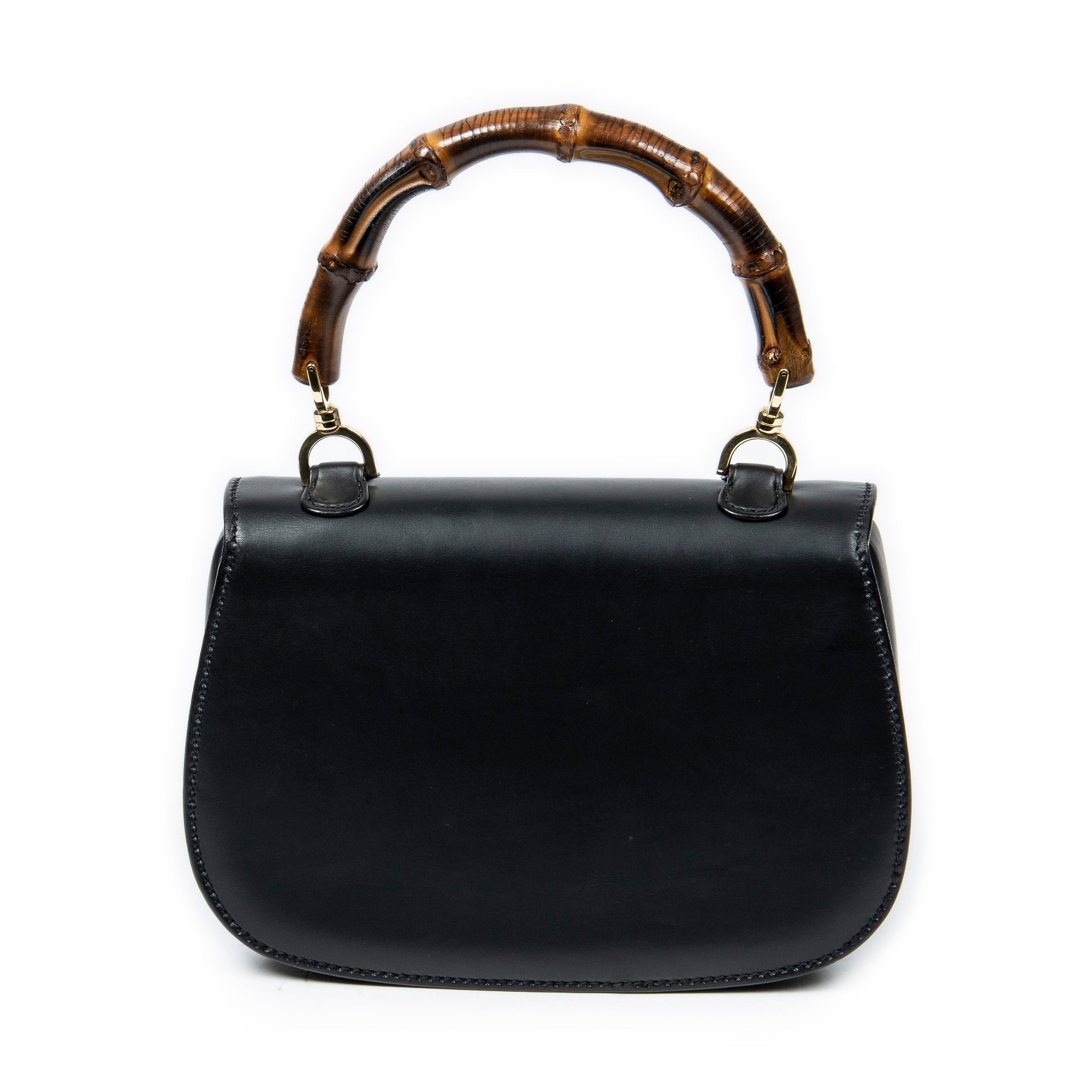 Bolso de Hombro Vintage Bambú Solapa Asa Superior Cuero Liso Negro