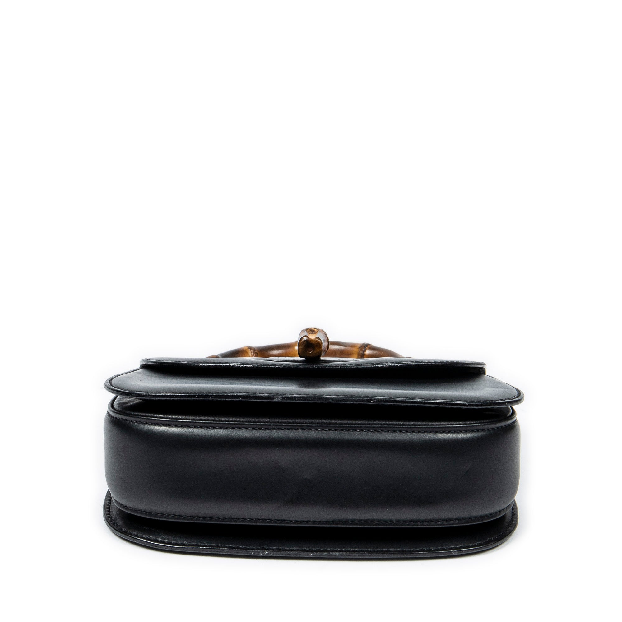 Bolso de Hombro Vintage Bambú Solapa Asa Superior Cuero Liso Negro