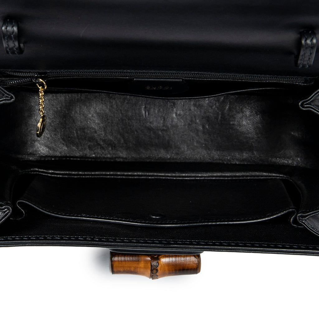 Bolso de Hombro Vintage Bambú Solapa Asa Superior Cuero Liso Negro