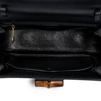 Bolso de Hombro Vintage Bambú Solapa Asa Superior Cuero Liso Negro
