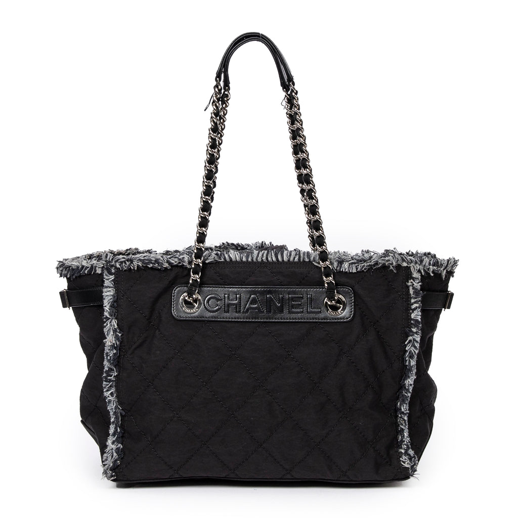 Shoulder Bag Horizontal Tweed Fringe Chain Tote Black Quilted Nylon Canvas