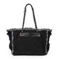 Shoulder Bag Horizontal Tweed Fringe Chain Tote Black Quilted Nylon Canvas