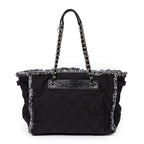 Shoulder Bag Horizontal Tweed Fringe Chain Tote Black Quilted Nylon Canvas