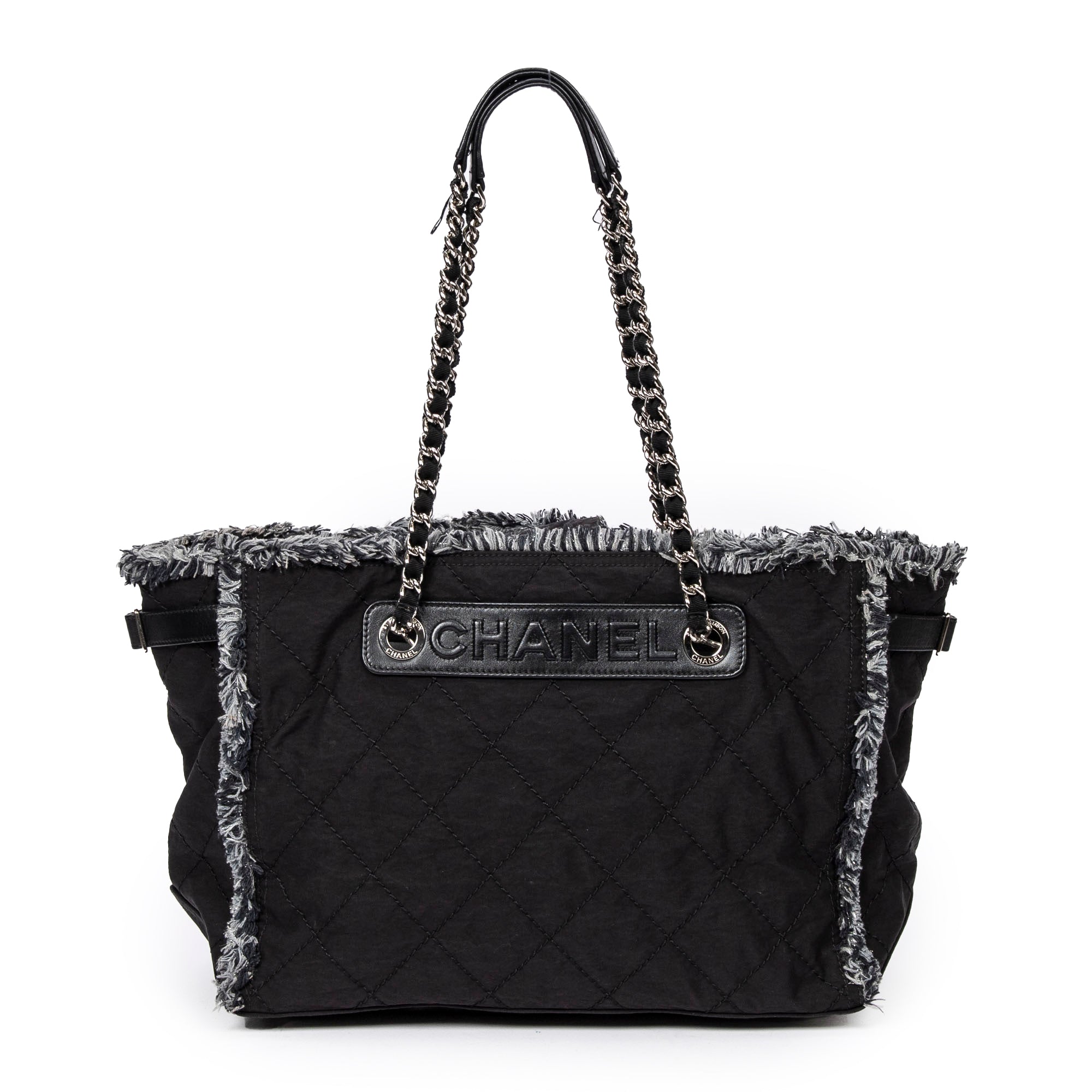Shoulder Bag Horizontal Tweed Fringe Chain Tote Black Quilted Nylon Canvas