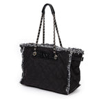 Shoulder Bag Horizontal Tweed Fringe Chain Tote Black Quilted Nylon Canvas