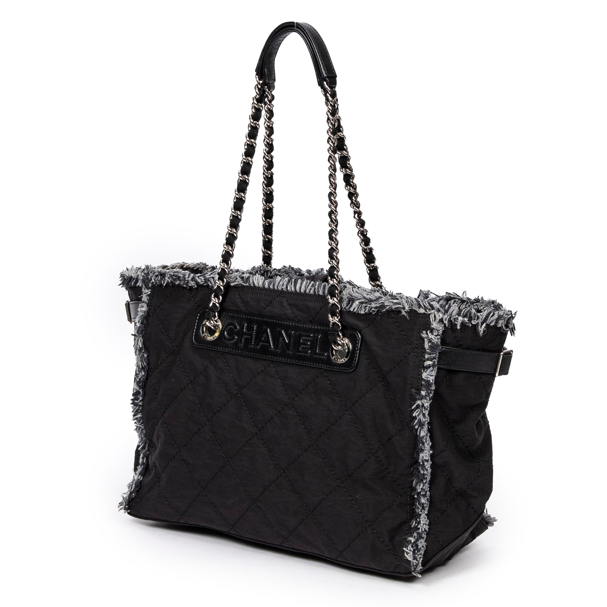 Shoulder Bag Horizontal Tweed Fringe Chain Tote Black Quilted Nylon Canvas