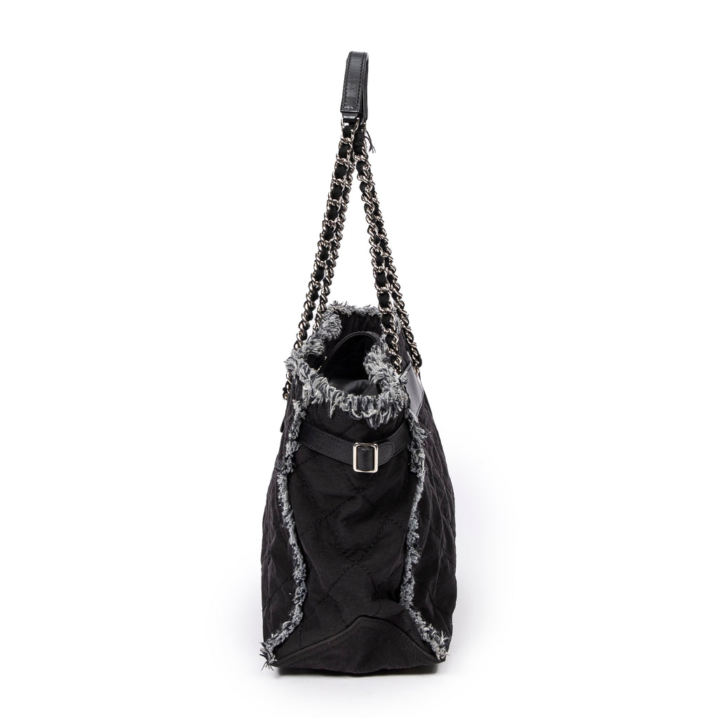 Shoulder Bag Horizontal Tweed Fringe Chain Tote Black Quilted Nylon Canvas