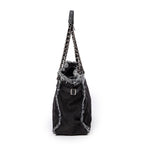 Shoulder Bag Horizontal Tweed Fringe Chain Tote Black Quilted Nylon Canvas