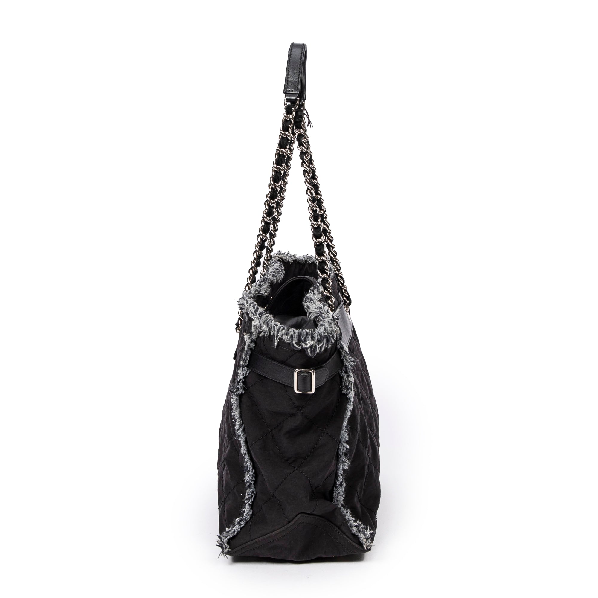 Shoulder Bag Horizontal Tweed Fringe Chain Tote Black Quilted Nylon Canvas