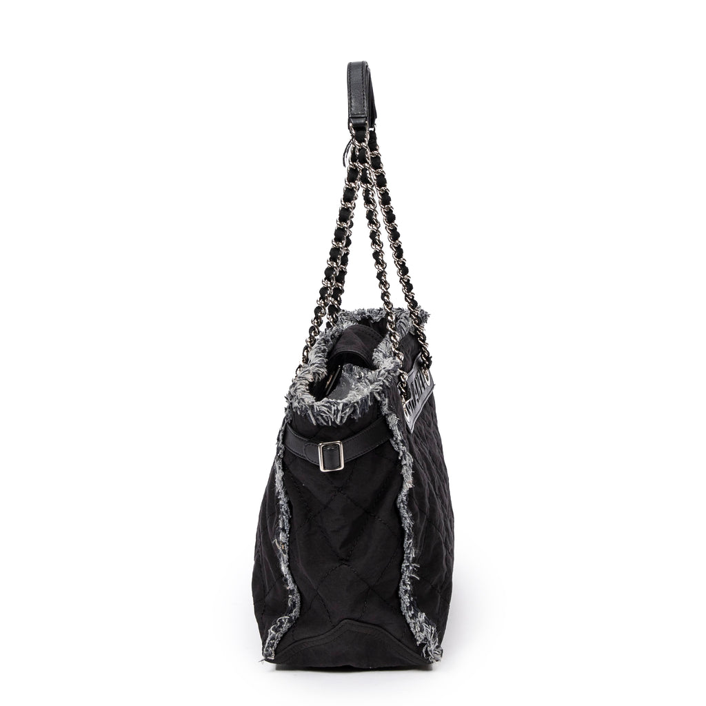 Shoulder Bag Horizontal Tweed Fringe Chain Tote Black Quilted Nylon Canvas