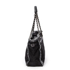 Shoulder Bag Horizontal Tweed Fringe Chain Tote Black Quilted Nylon Canvas