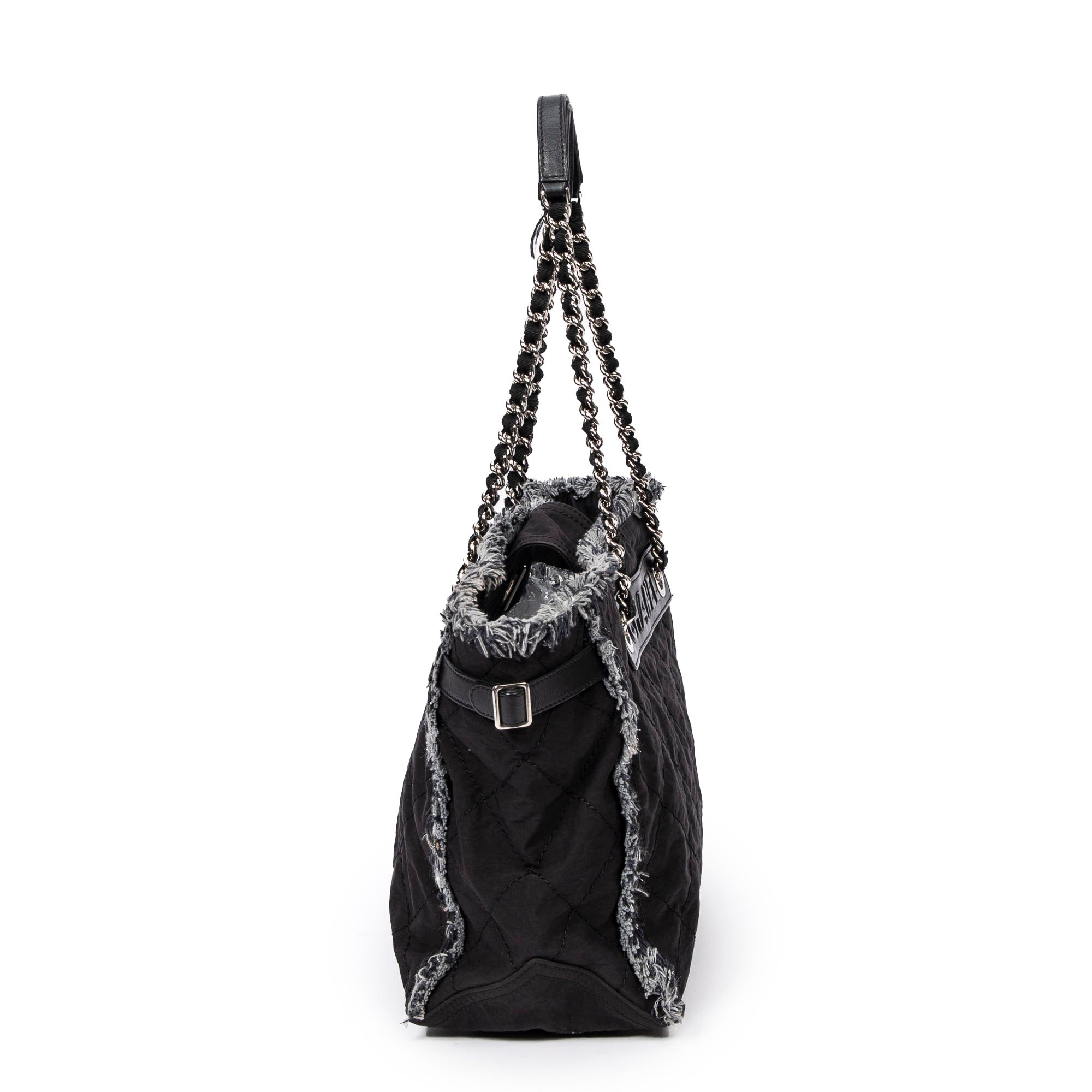 Shoulder Bag Horizontal Tweed Fringe Chain Tote Black Quilted Nylon Canvas