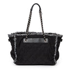 Shoulder Bag Horizontal Tweed Fringe Chain Tote Black Quilted Nylon Canvas