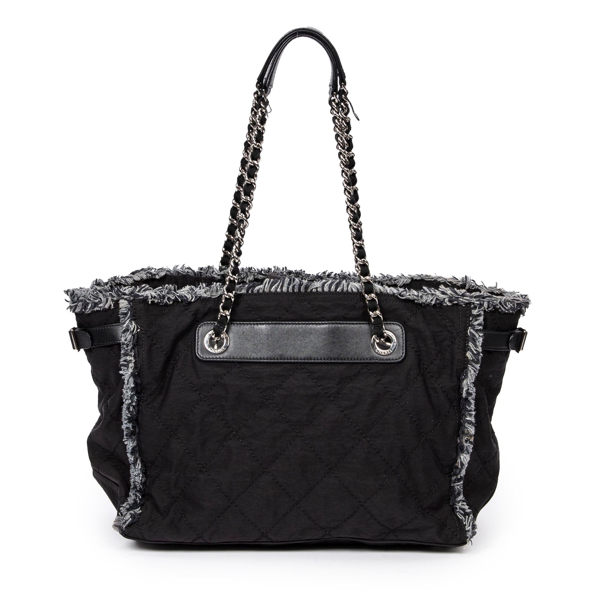Shoulder Bag Horizontal Tweed Fringe Chain Tote Black Quilted Nylon Canvas