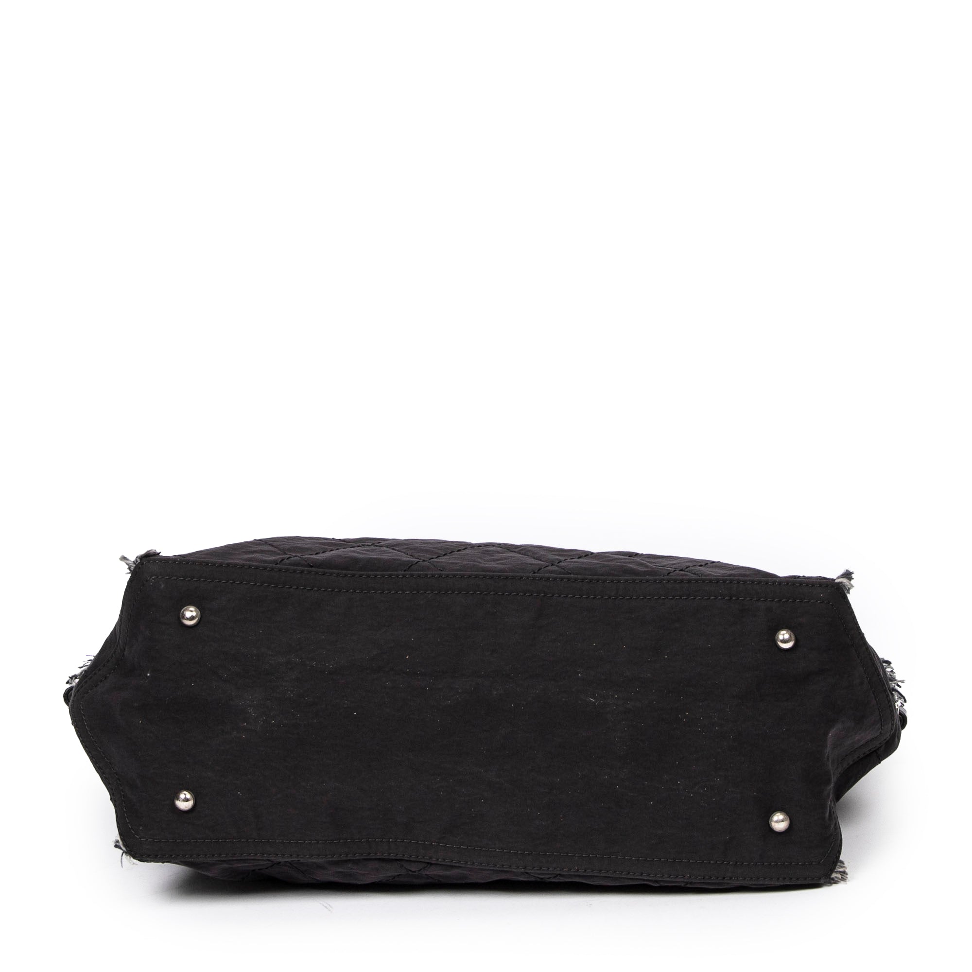 Shoulder Bag Horizontal Tweed Fringe Chain Tote Black Quilted Nylon Canvas