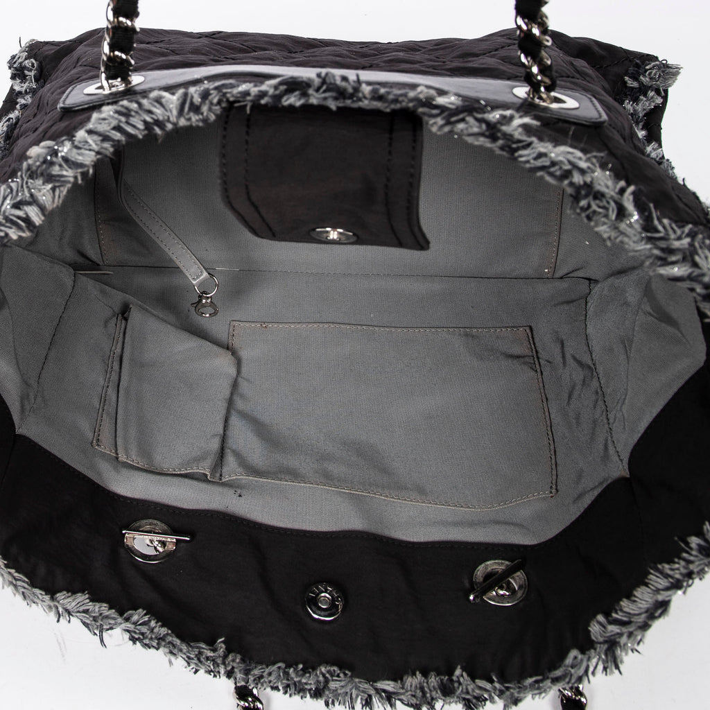 Shoulder Bag Horizontal Tweed Fringe Chain Tote Black Quilted Nylon Canvas
