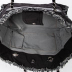 Shoulder Bag Horizontal Tweed Fringe Chain Tote Black Quilted Nylon Canvas