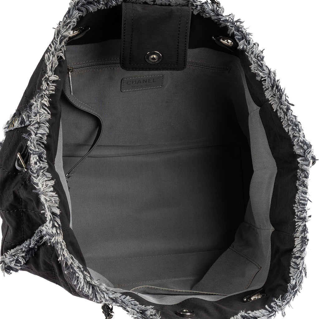 Shoulder Bag Horizontal Tweed Fringe Chain Tote Black Quilted Nylon Canvas