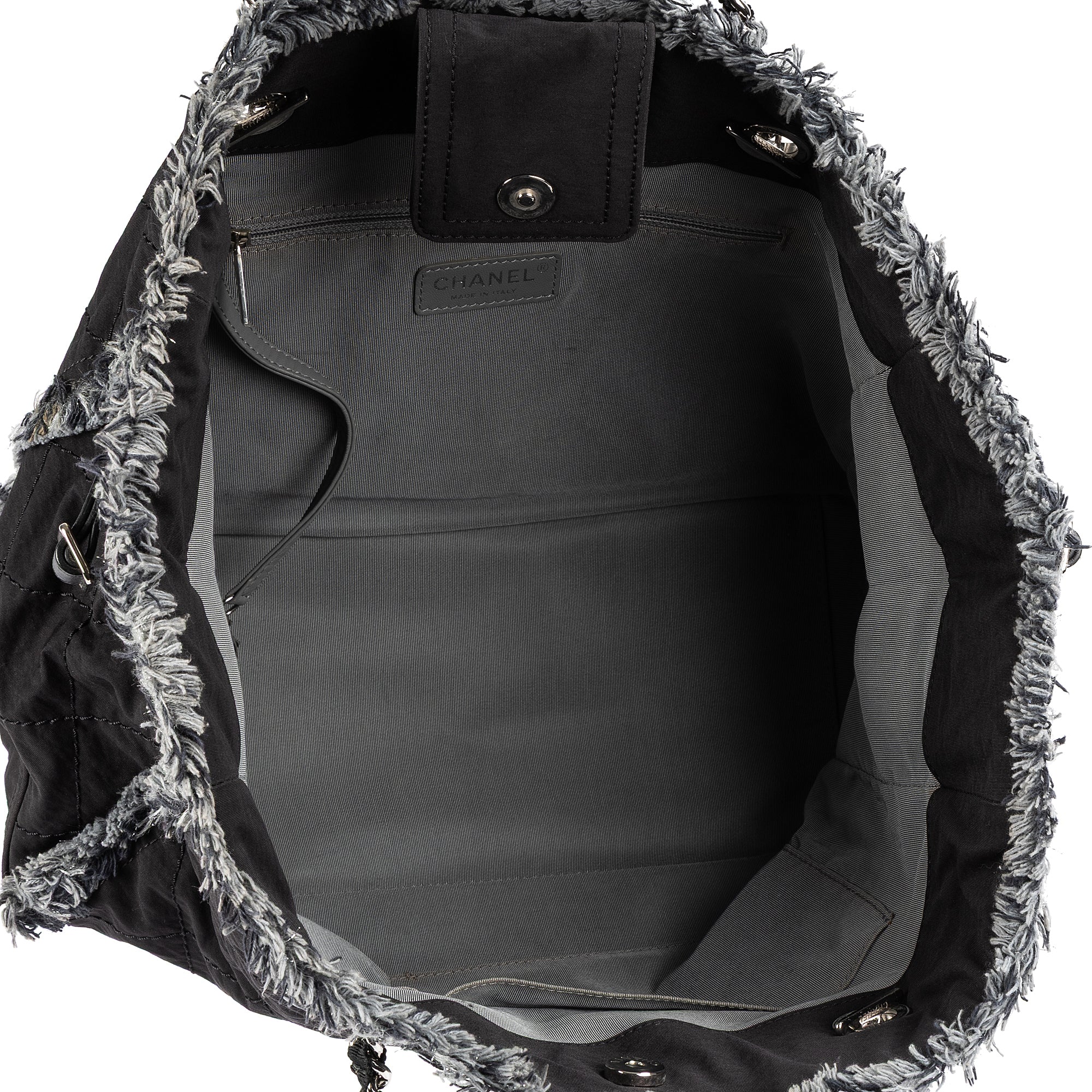 Shoulder Bag Horizontal Tweed Fringe Chain Tote Black Quilted Nylon Canvas