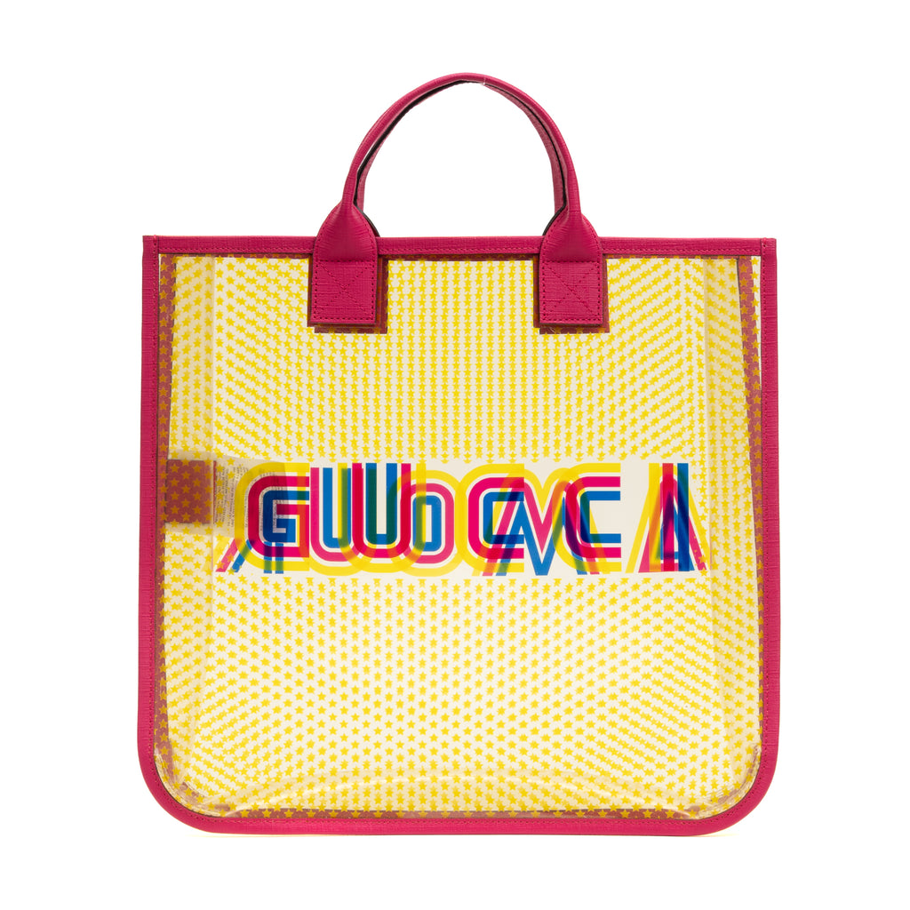 Handbag Gucci Kids Amour Transparent Tote Fuchsia Pink Printed Resin Canvas
