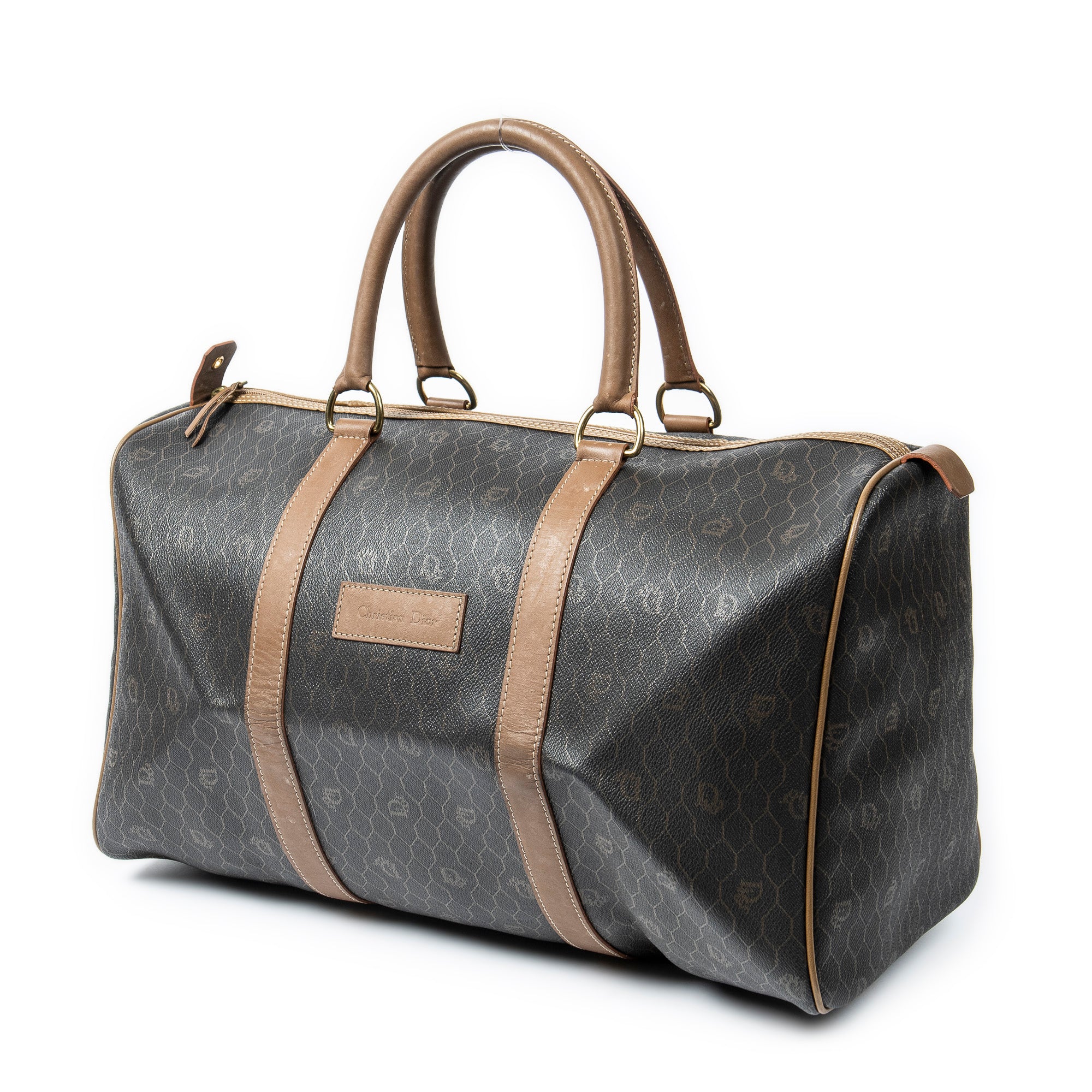 Travel Bag Vintage Large Boston Dark Gray Honeycomb Coated Canvas