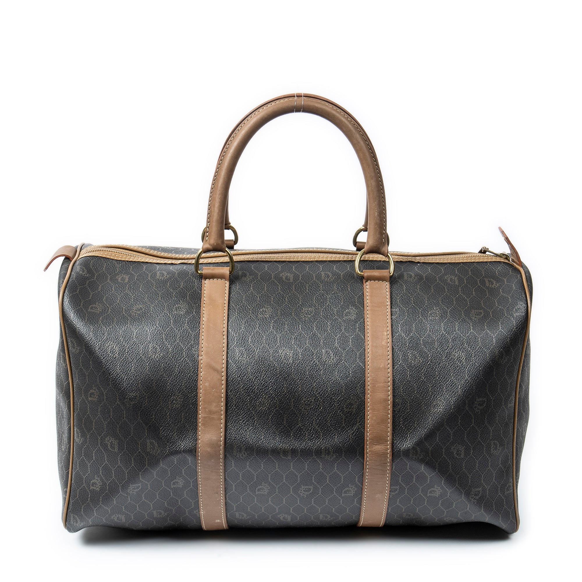 Travel Bag Vintage Large Boston Dark Gray Honeycomb Coated Canvas