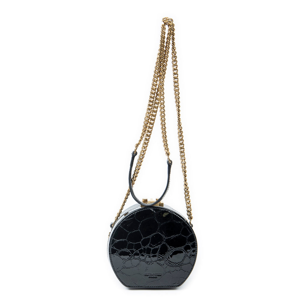 Shoulder Bag Mini Mica Hatbox Chain Crossbody Black Croc Embossed Leather