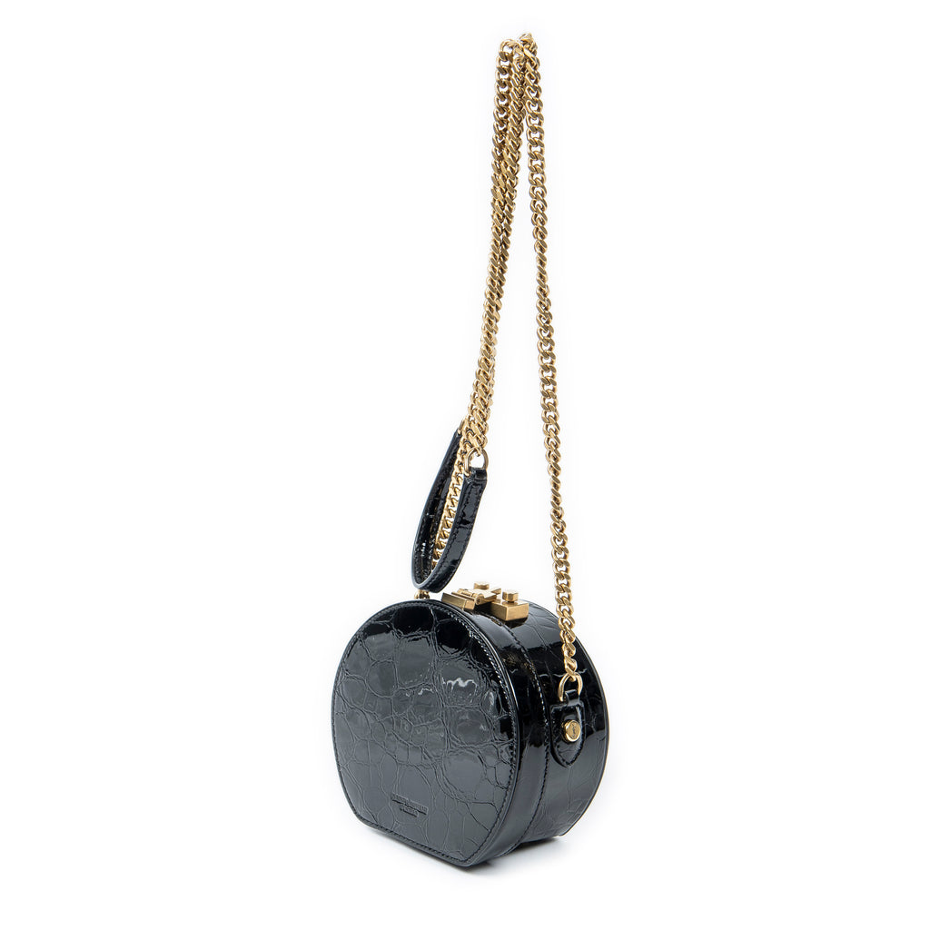 Shoulder Bag Mini Mica Hatbox Chain Crossbody Black Croc Embossed Leather