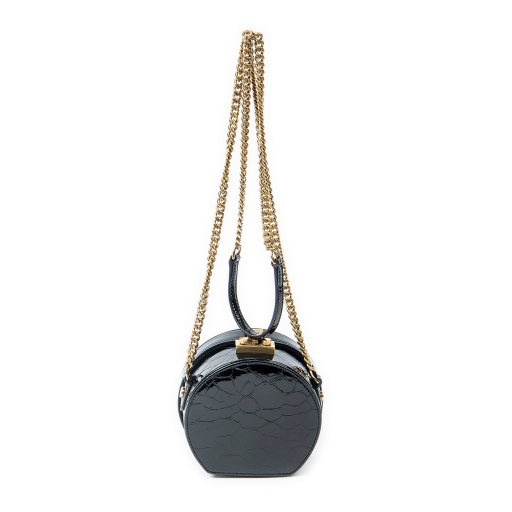 Shoulder Bag Mini Mica Hatbox Chain Crossbody Black Croc Embossed Leather