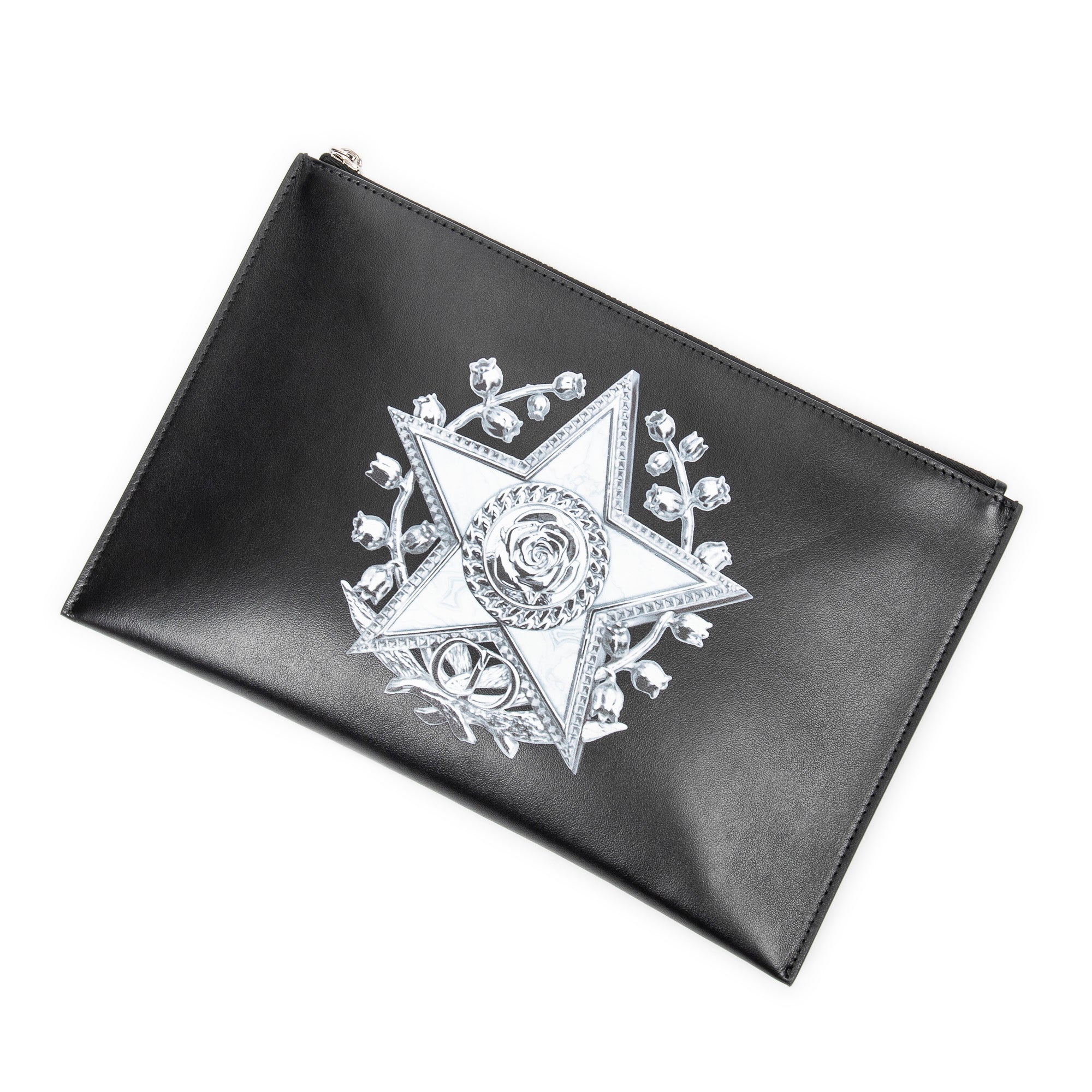 Bolso de mano "Star and Rose" con cremallera, en piel de becerro estampada negra