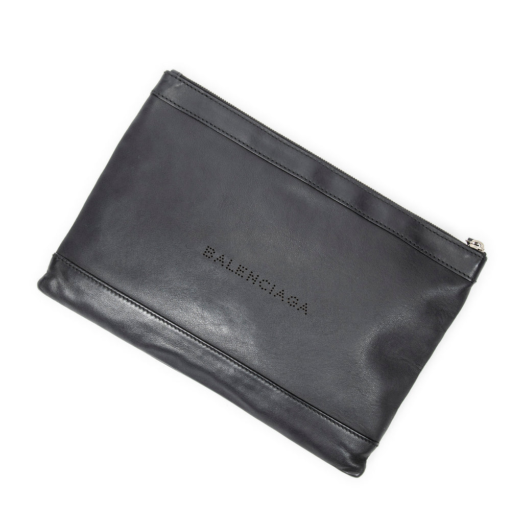 Handbag M Navy Clip Pouch Black Logo Embossed Leather