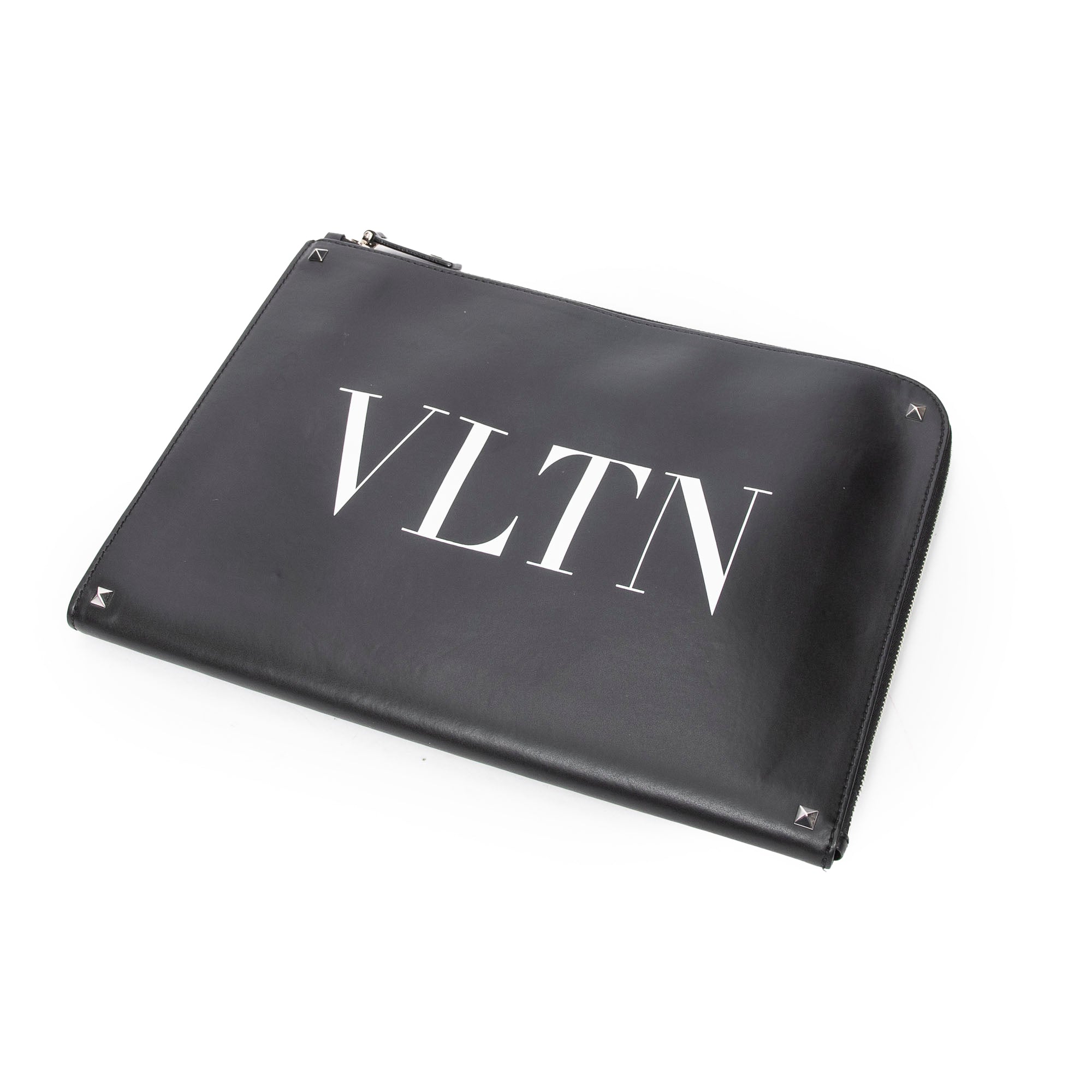 Handbag VLTN Studs Document Case Black Logo Print Smooth Leather