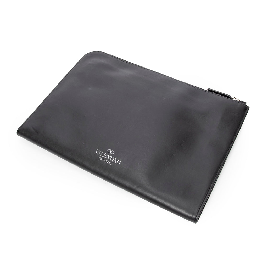 Handbag VLTN Studs Document Case Black Logo Print Smooth Leather