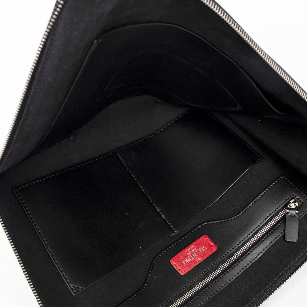 Handbag VLTN Studs Document Case Black Logo Print Smooth Leather