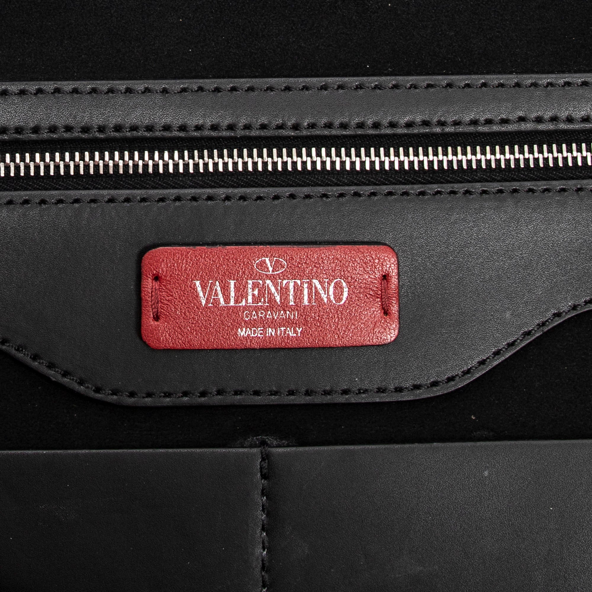 Handbag VLTN Studs Document Case Black Logo Print Smooth Leather