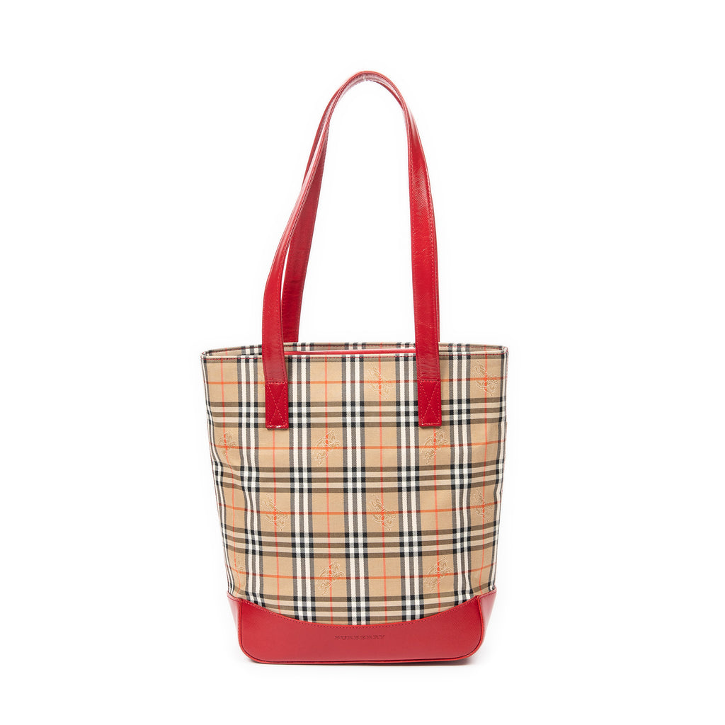 Shoulder Bag Vertical Slip Pocket Tote Beige Haymarket Check Canvas