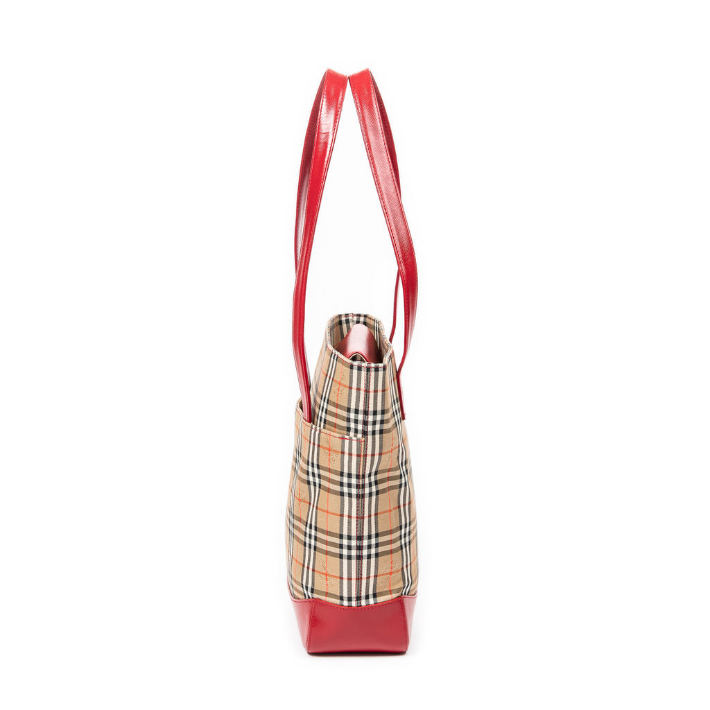 Shoulder Bag Vertical Slip Pocket Tote Beige Haymarket Check Canvas