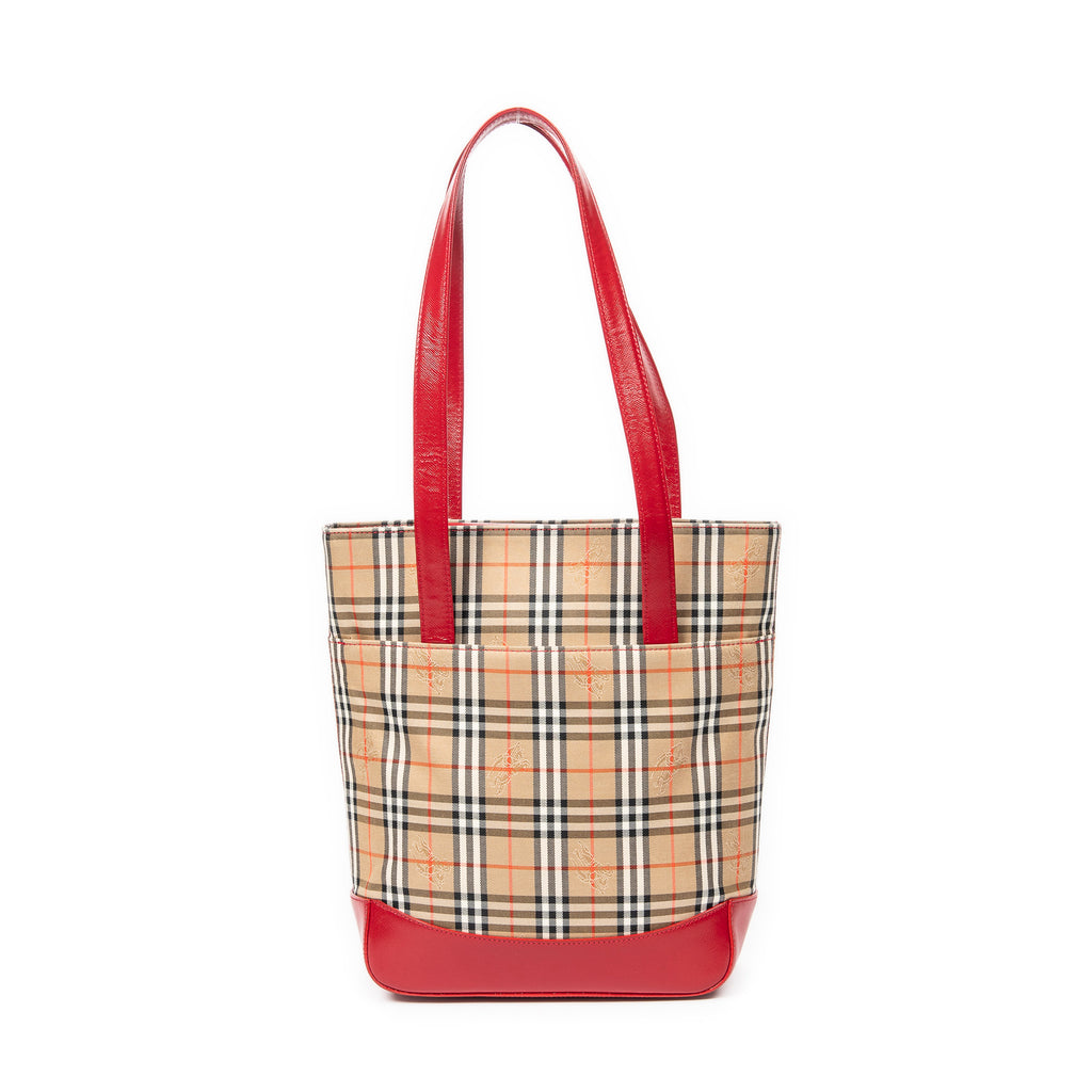 Shoulder Bag Vertical Slip Pocket Tote Beige Haymarket Check Canvas