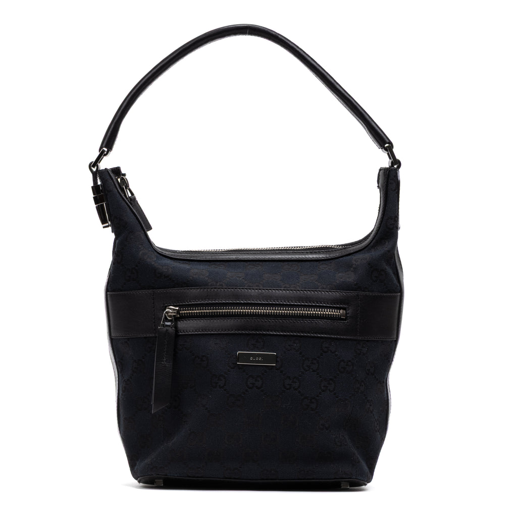Handbag Front Pocket Zip Hobo Black Monogrammed Canvas