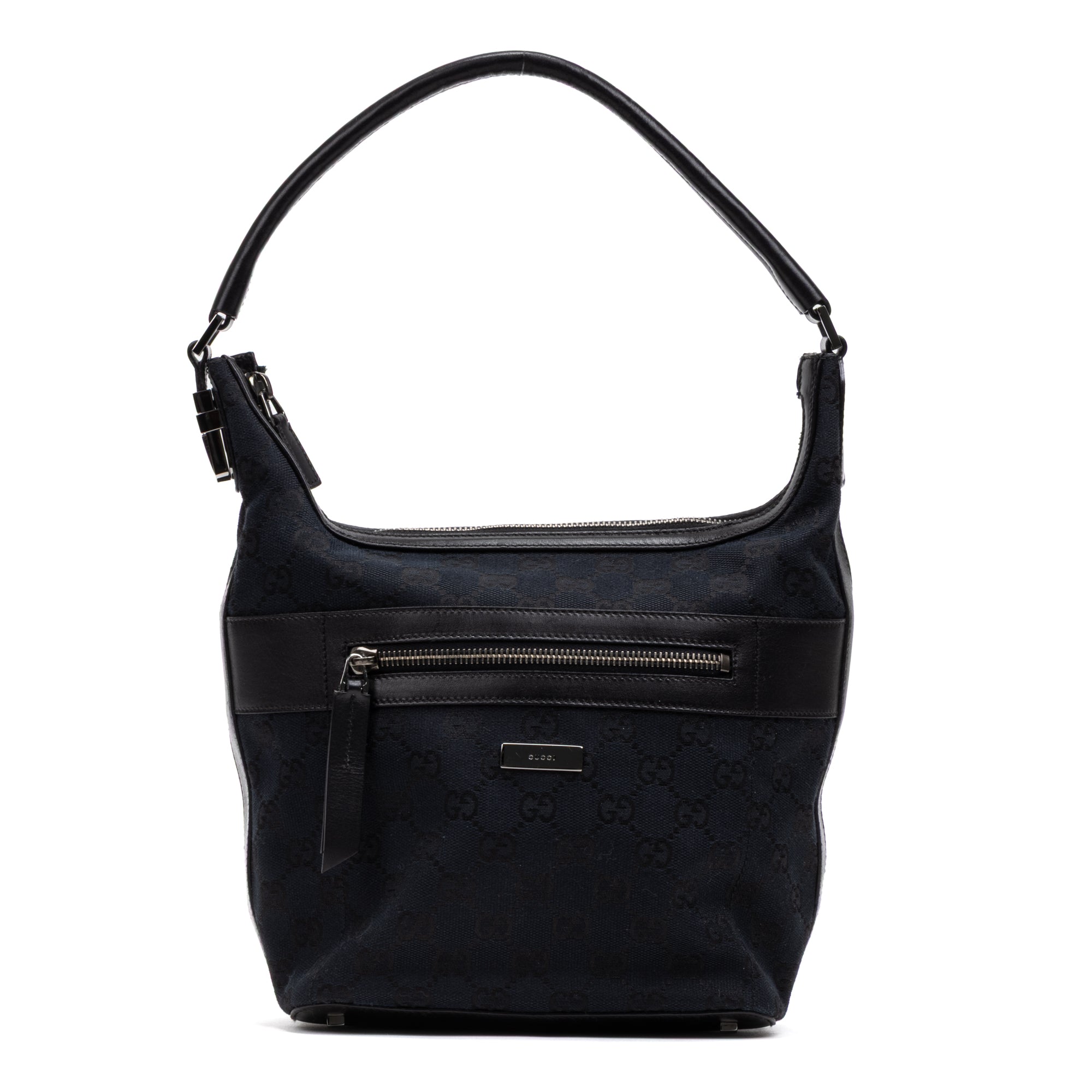 Handbag Front Pocket Zip Hobo Black Monogrammed Canvas