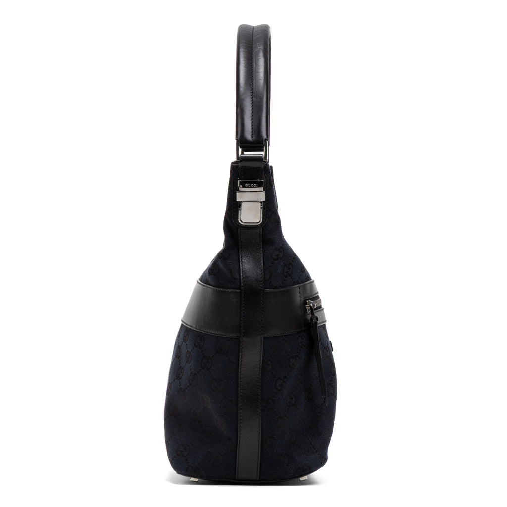 Handbag Front Pocket Zip Hobo Black Monogrammed Canvas