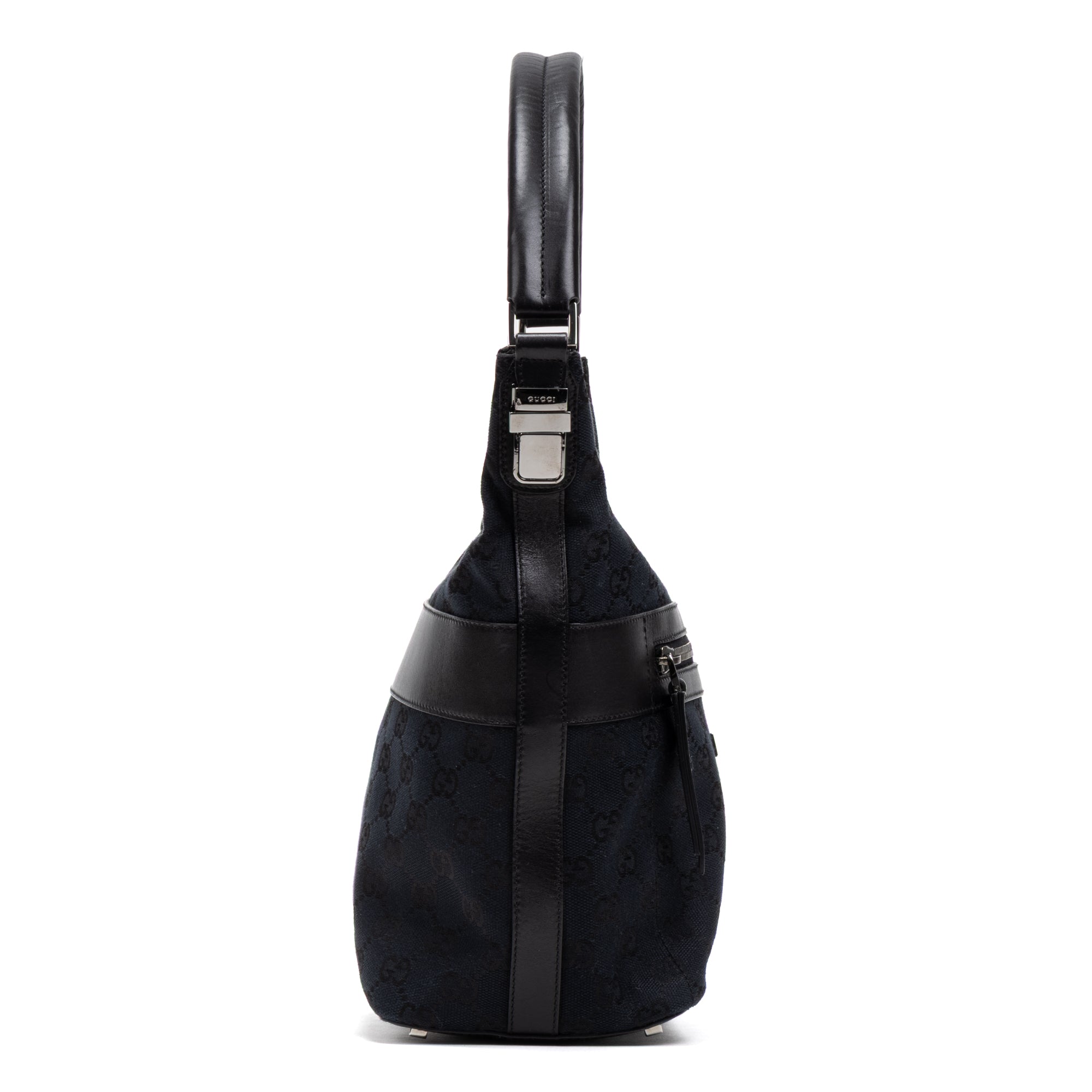 Handbag Front Pocket Zip Hobo Black Monogrammed Canvas