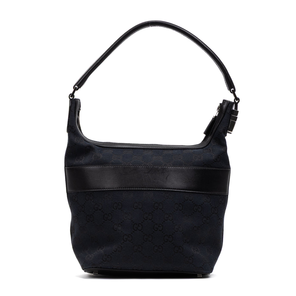 Handbag Front Pocket Zip Hobo Black Monogrammed Canvas