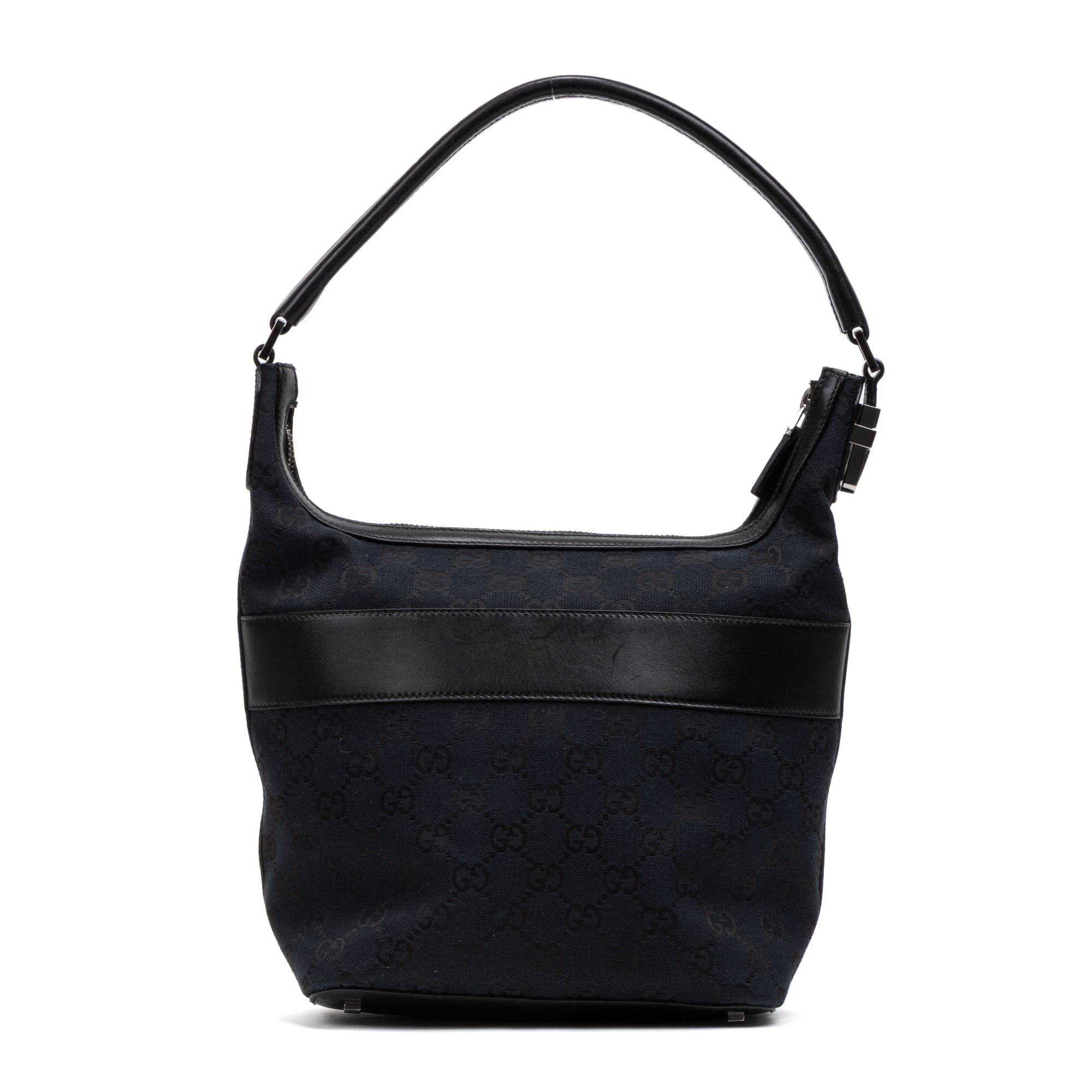 Handbag Front Pocket Zip Hobo Black Monogrammed Canvas