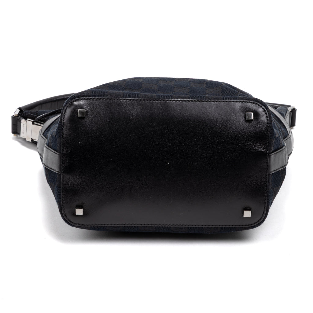 Handbag Front Pocket Zip Hobo Black Monogrammed Canvas