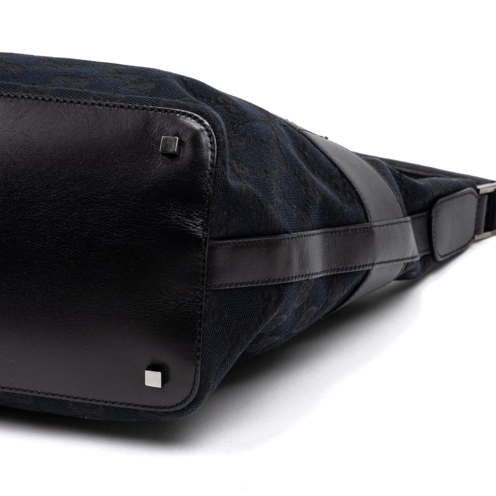 Handbag Front Pocket Zip Hobo Black Monogrammed Canvas