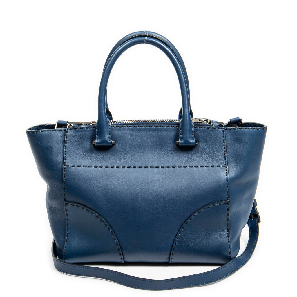Bolso de hombro de piel de becerro lisa azul marino con doble bolsillo cosido