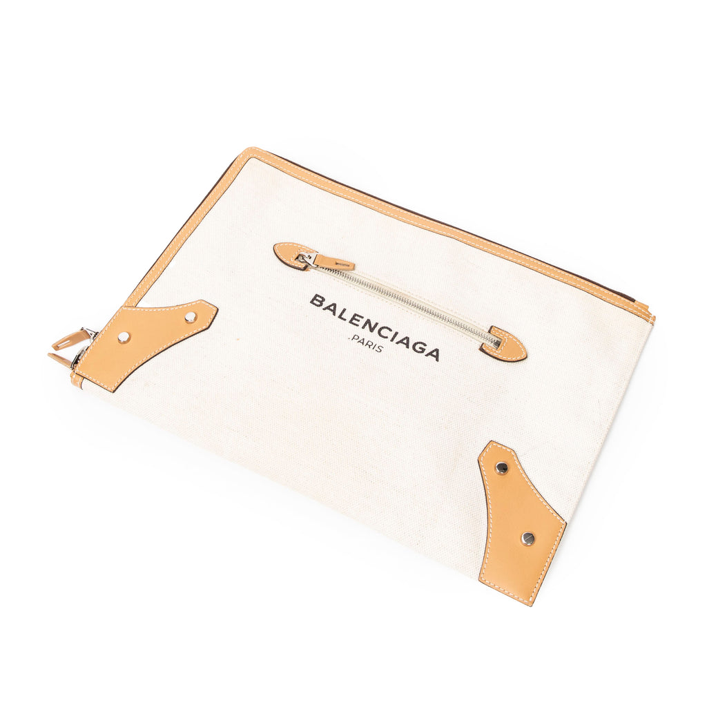 Bolso de mano con logotipo, cremallera, clutch, lona tejida beige